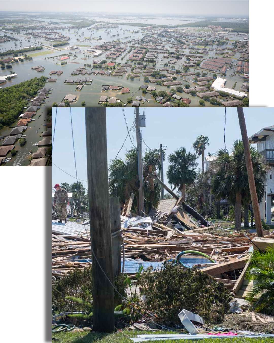 Hurricane FEMA contractors providing disaster relief services following wind and flood damage caused by hurricanes.